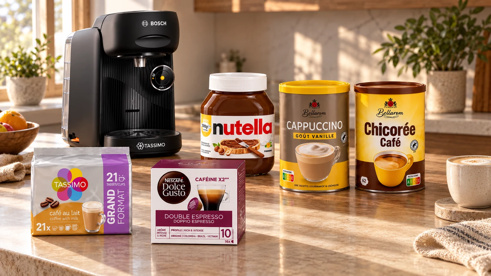 Machine Bosch Tassimo, capsules, pâte à tartiner Nutella et boissons Bellarom sur un comptoir de petit-déjeuner