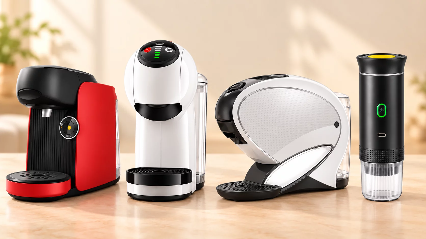 Quatre machines à café : Tassimo rouge, deux machines Dolce Gusto, et une machine portable 3-en-1