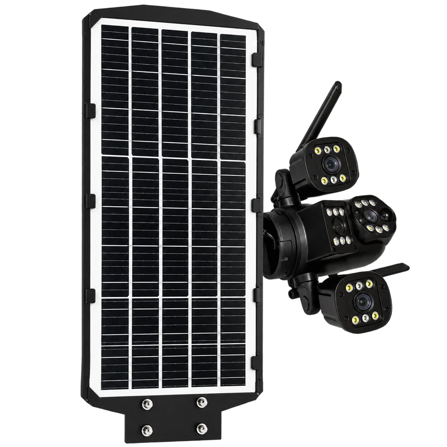 Lampadaire solaire caméra 4G · 3 objectifs FSL — sécurité solaire à Dakar